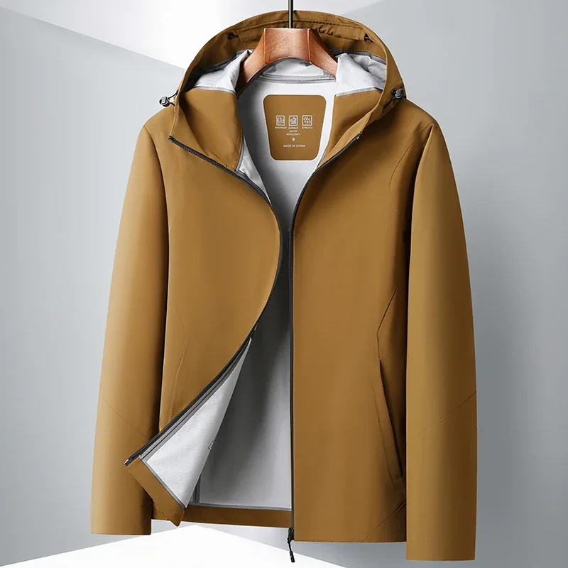 Men's Stretch Water Resistant Hooded Jacket, Windproof Wrinkle Free Zip Up Lightweight Outdoor Casual Travel Outer Coat