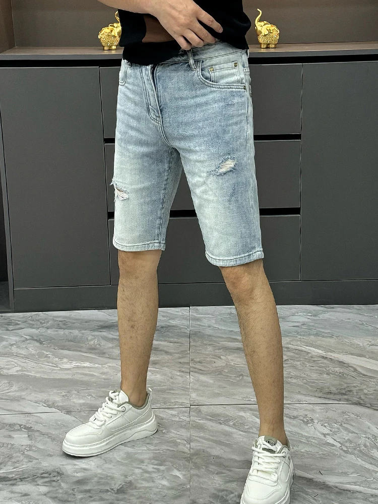 

Light Wa Men's Denim orts Summer Trendy Elastic Casual Five-Point Faionable Youth Straight Leg ort Pants
