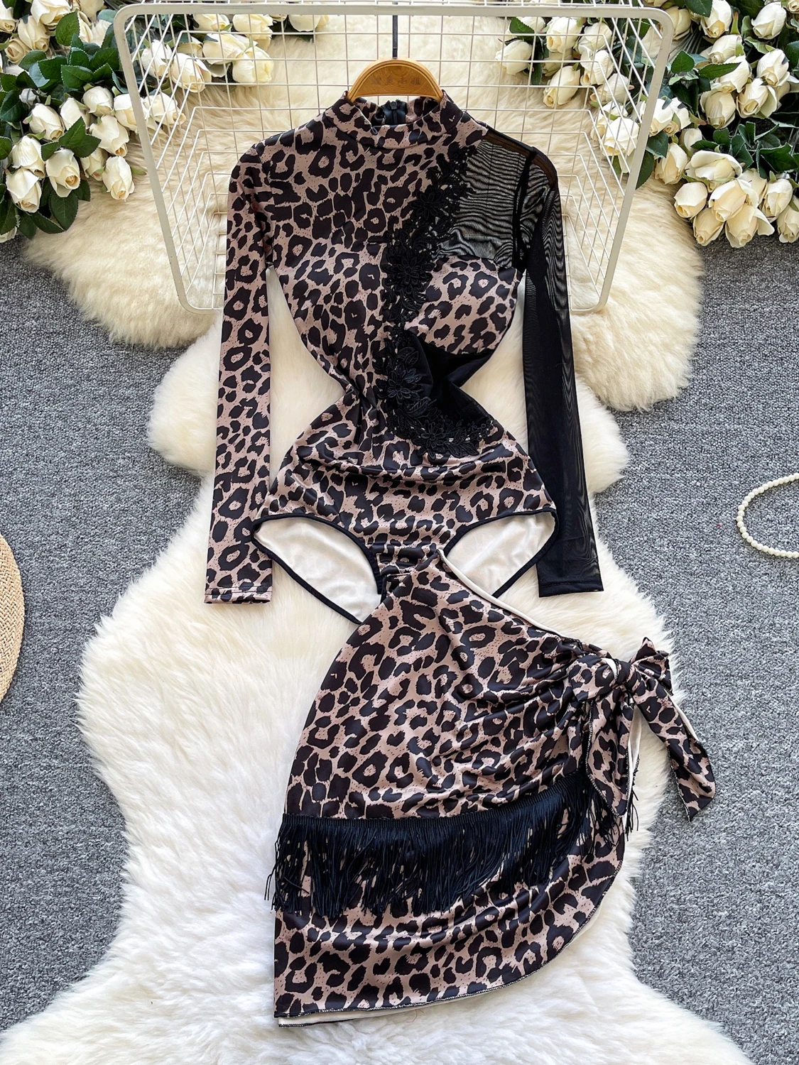 

Foamlina Leopard 2 Piece Set Women Sexy Perspective Mesh Spliced Long Sleeve Bodysuit and Tie-up Tassels Skirt Latin Dancewear