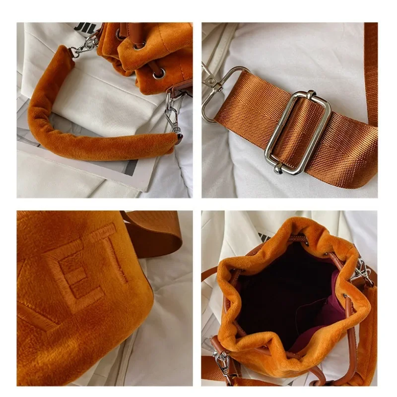 Otoño e Invierno de felpa nuevo bolso tipo cubo con cordón bolso de hombro tipo bandolera con letras a la moda