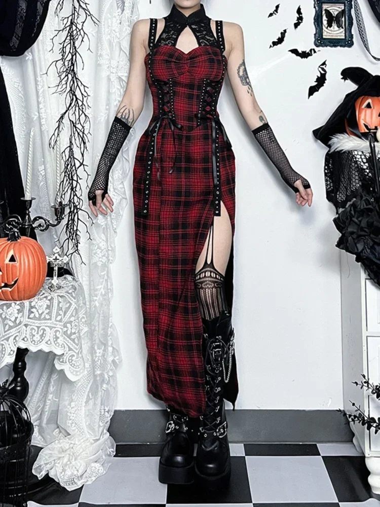 2025 New Vintage Gothic Harajuku Red Plaid Dress Women's Streetwear Y2k E-girl Lace Patchwork High Waist Bandage Corset Dresses