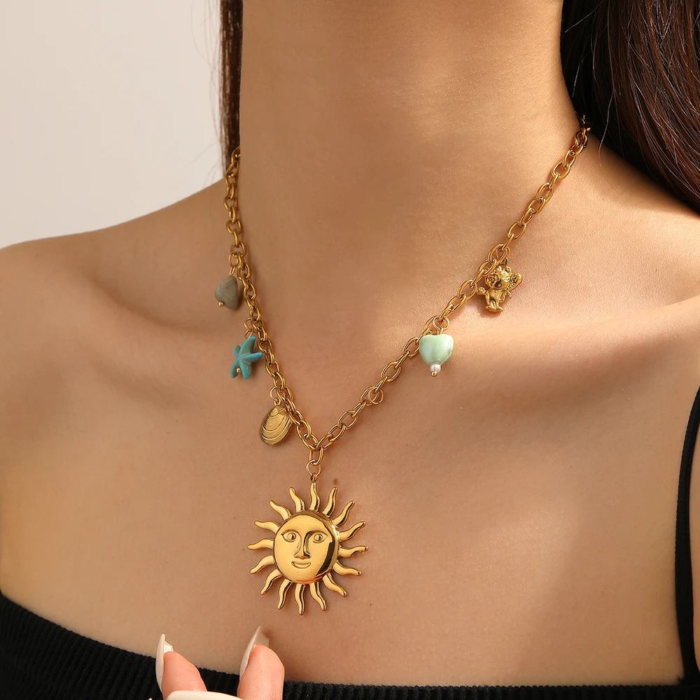 

LAMENGLY 316L Stainless Steel Personal Sun Face Starfish Shell Pendant Necklace Women Hyperbole Trend Neck Chain Jewelry Gifts