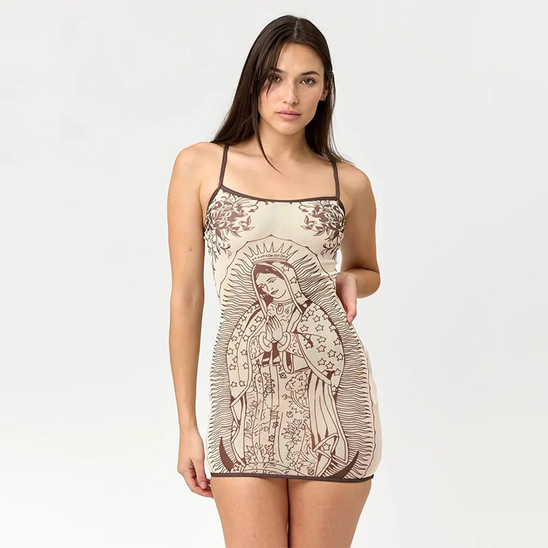 2026 Damen Hochelastisches Kleid mit Spaghettiträgern, Figurbetontes Mini-Kleid, Retro Western Hottie Ärmelloses Partykleid