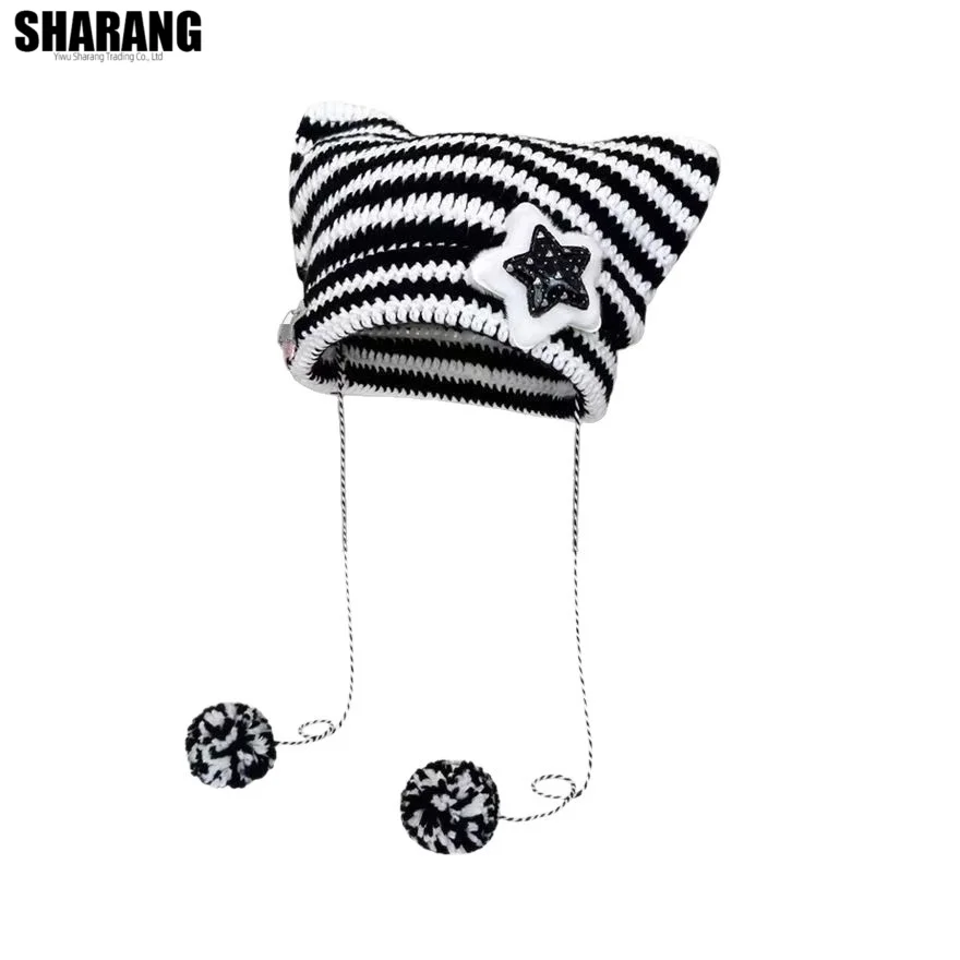مخطط محبوك قبعة صوف الكروشيه قبعة صغيرة قبعة آذان القط وأشار البلوز قبعة Ins لطيف ستار ديكور معلقة الكرة قبعة مترهل