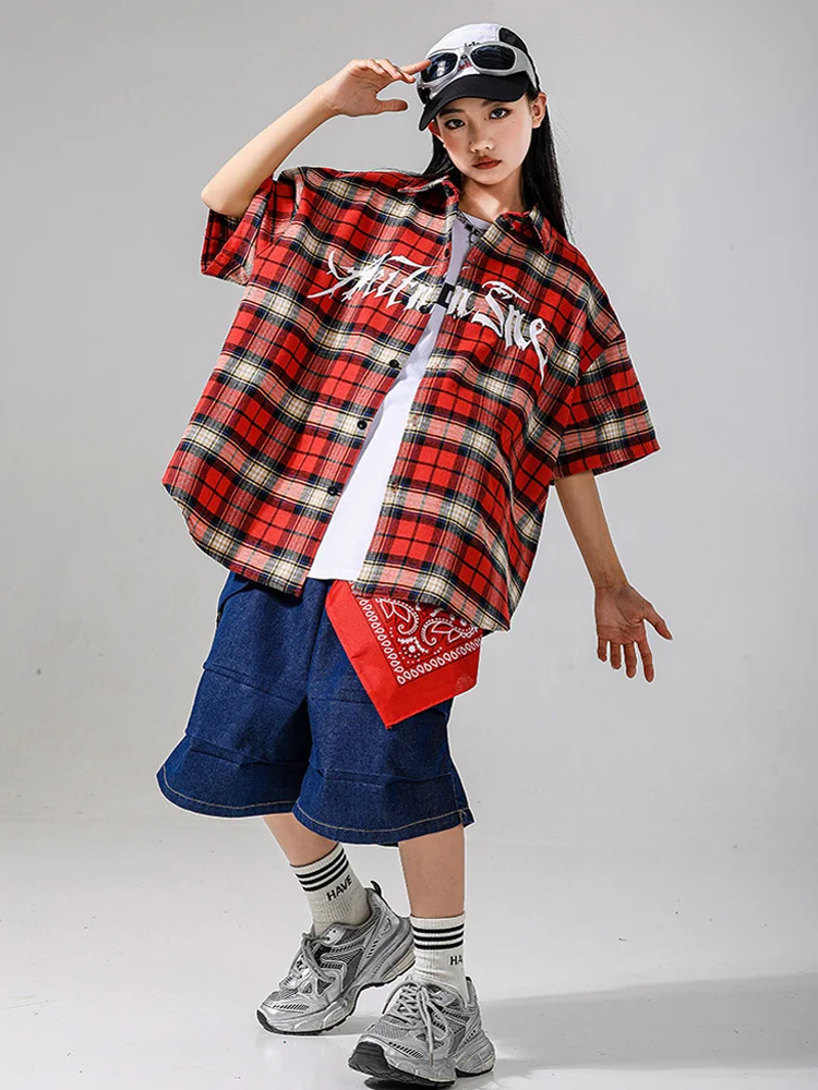Vêtements Kpop Hip Hop pour enfants, chemise ample à carreaux rouges, Streetwear bleu, short en Denim pour filles et garçons, Costume de danse Jazz