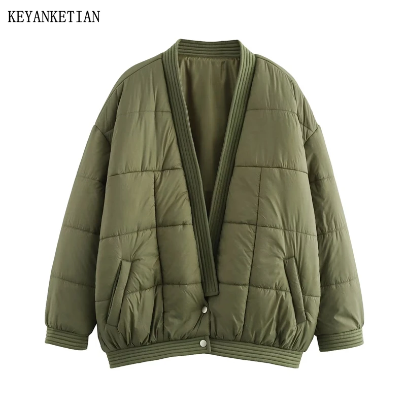 

KEYANKETIAN 2026, весенняя новая женская верхняя одежда с глубоким v-образным вырезом и хлопковой подкладкой, свободная однобортная тонкая стеганая куртка в стиле отдыха