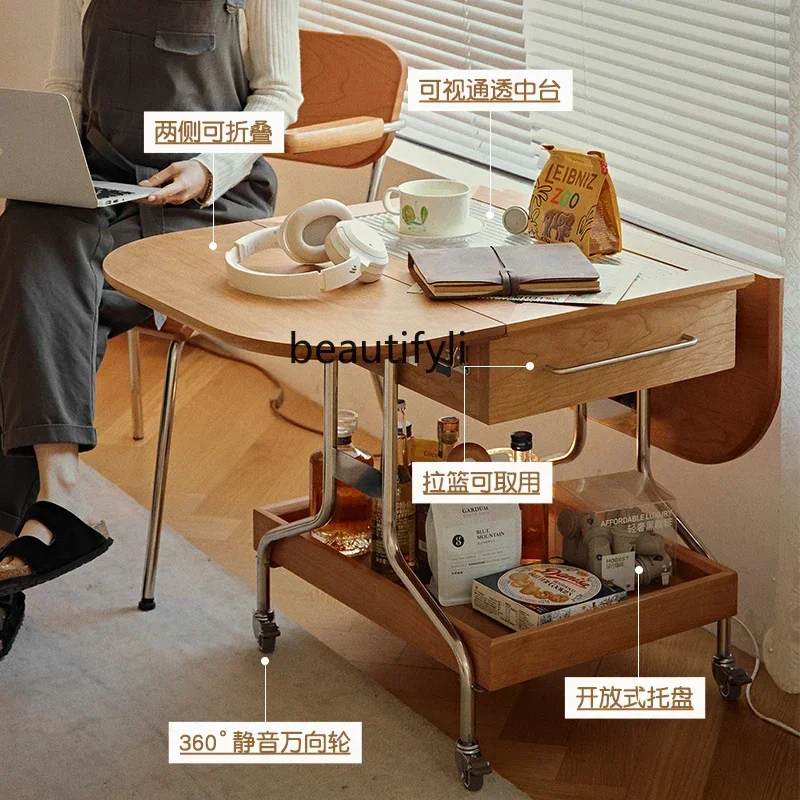 

Nordic solid wood movable folding coffee table living room side few cherry wood storage trolley9344