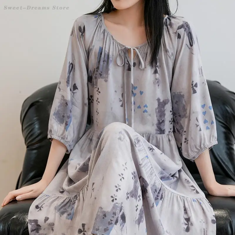 Print Flower Nightgown Chinese Style Homewear French Style Loose Nightdress Women Sleepwear Summer New Nightwear Loungewear