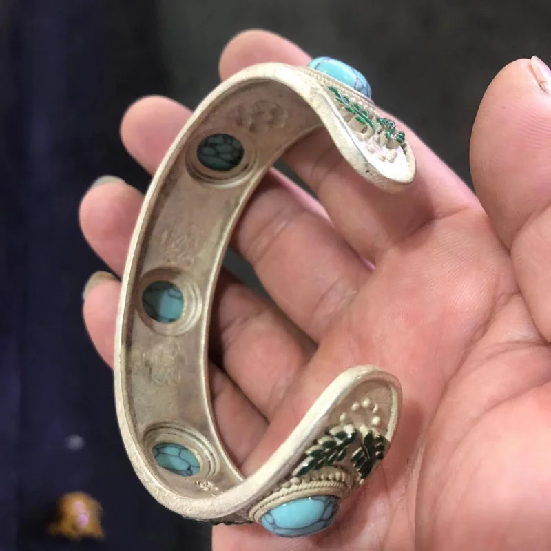 Antique Tibetan Cloisonné Inlaid Turquoise Miao Silver Ethnic Style Bracelet Jewelry