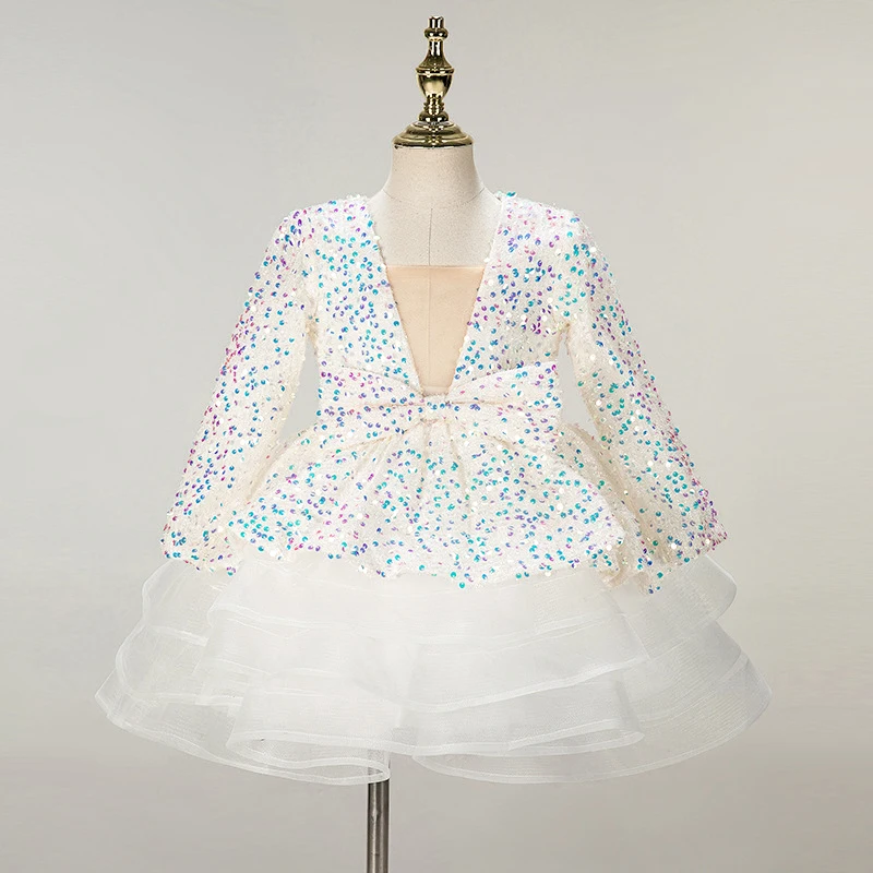 Robe de Soirée Courte en Velours Blanc et Rose pour Fille, Tenue Élégante de Luxe à Paillettes pour Enfant