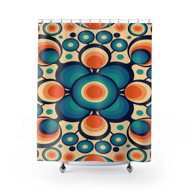 Retro Funky Boho Chic Cobalt Blue, Orange, and Beige Flower Power Shower Curtain, Mid Century Modern Groovy Hippie Orbs