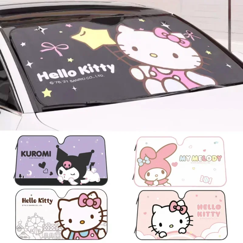 Sanrio-visera de Sol de Hello Kitty, accesorios de personaje de Anime Kuromi My Melody, almohadilla de aislamiento de vidrio frontal para coche, nueva decoración Kawaii