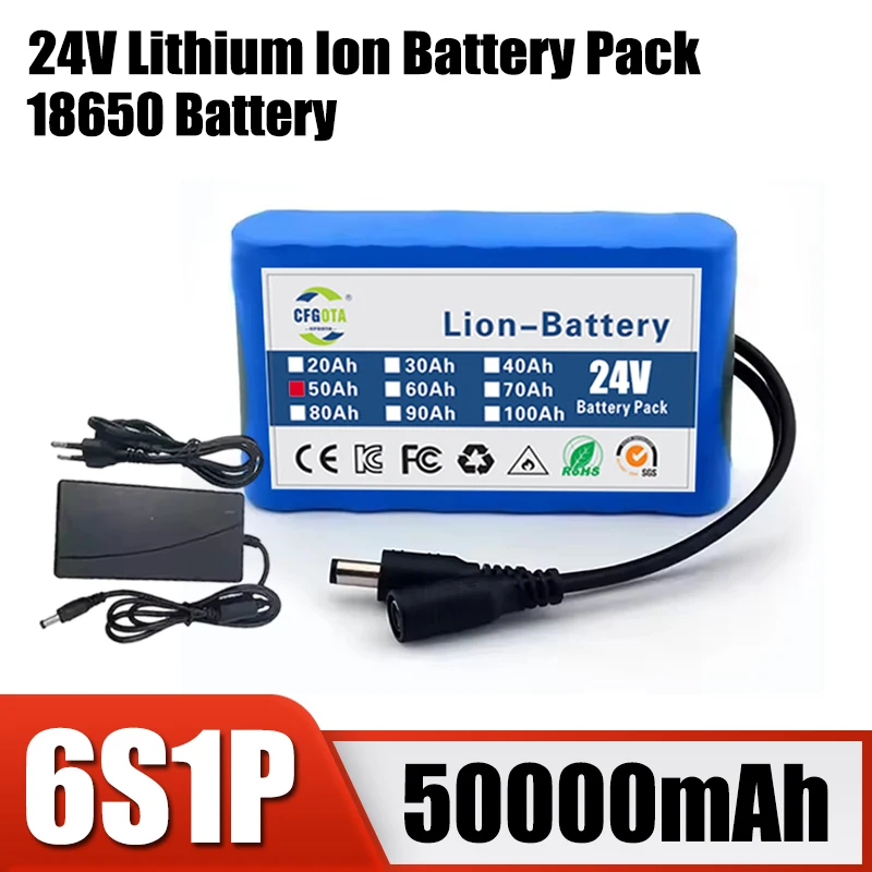 6S1P battery pack 24V 50000mAh rechargeable lithium-ion battery, used for CCTV camera monitors, with DC 25.2V 1A charger