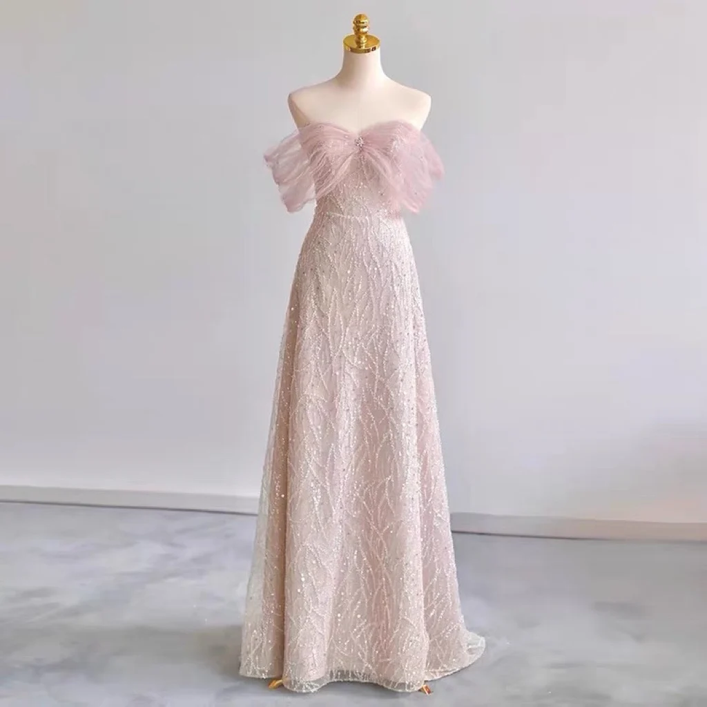 Light Pink Bridesmaid Dresses Sweetheart Beading A-line Sequins Elegant Tulle French Style Sleeveless Formal Party Evening Gown