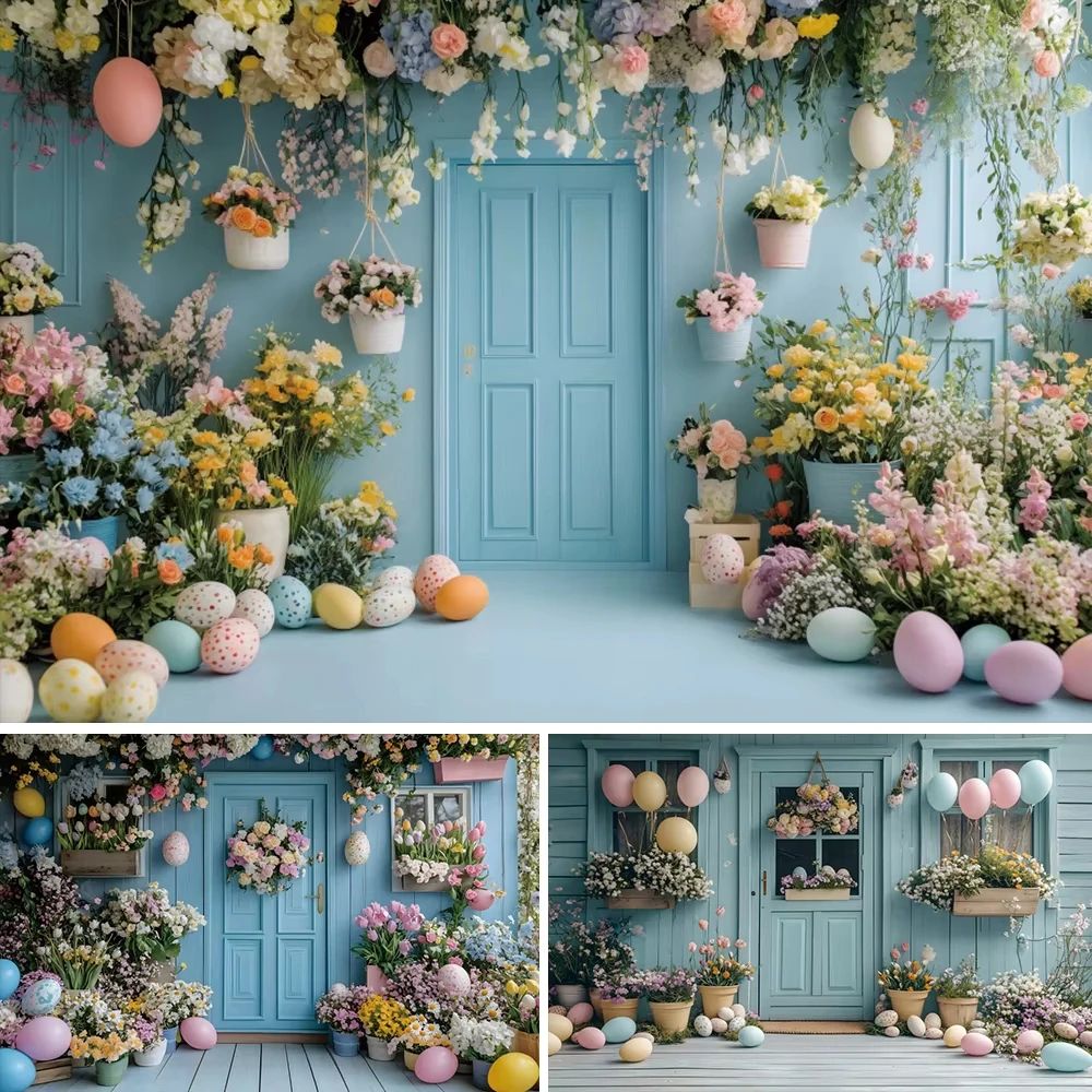 

Spring Happy Easter Day Blue Wooden Wall Backdrops Colorful Eggs Flower Balloon Baby Shower Party Decor Photography Backgrounds