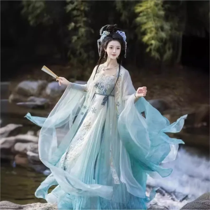 Hanfu Women's Frost Flower Dragon Shadow Heavy Industry Embroidered Large Sleeve Shirt One-Piece Cheko Skirt Daily Suit