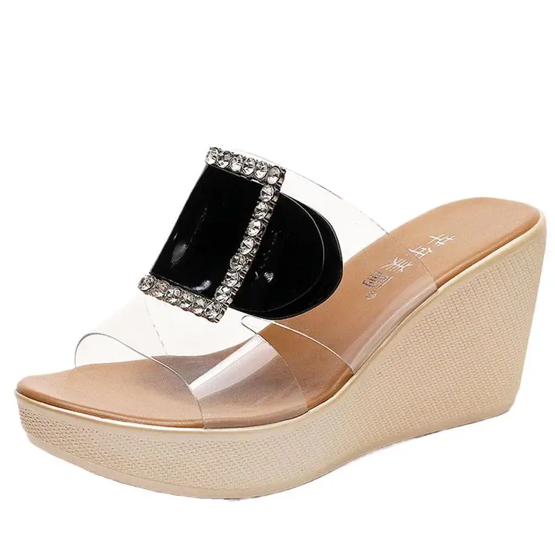 

2026 8 10cm Small Size 32-43 Elegant Bling Silver Gold Wedding Shoes Women Slides Genuine Leather Slippers Block High Heels