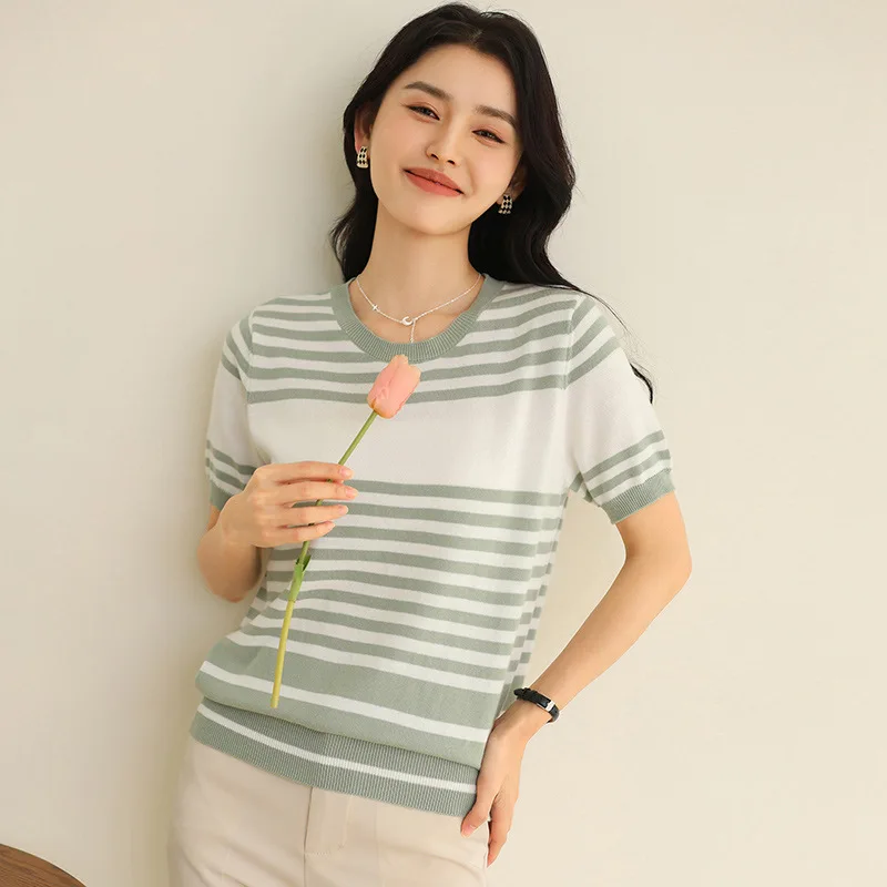 

Summer New Irregular Stripe Knit Short Sleeve Round Neck Slim Fit T-Shirt for Women