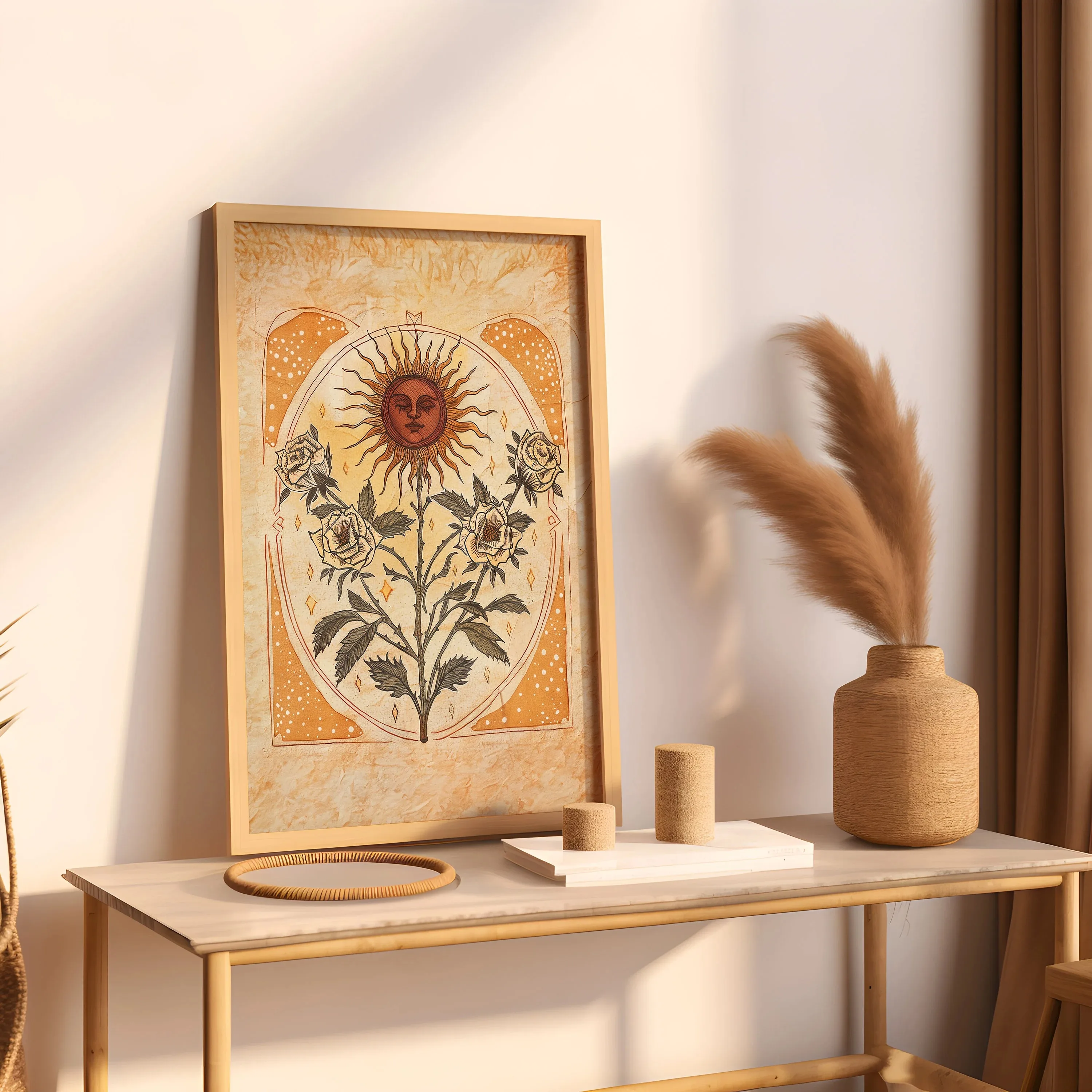Sun Art Poster Mystical Folk Art Illustration Flowery Spiritual Print Botanical Rose Wall Art Earth Tones Flowery Bedroom Decor