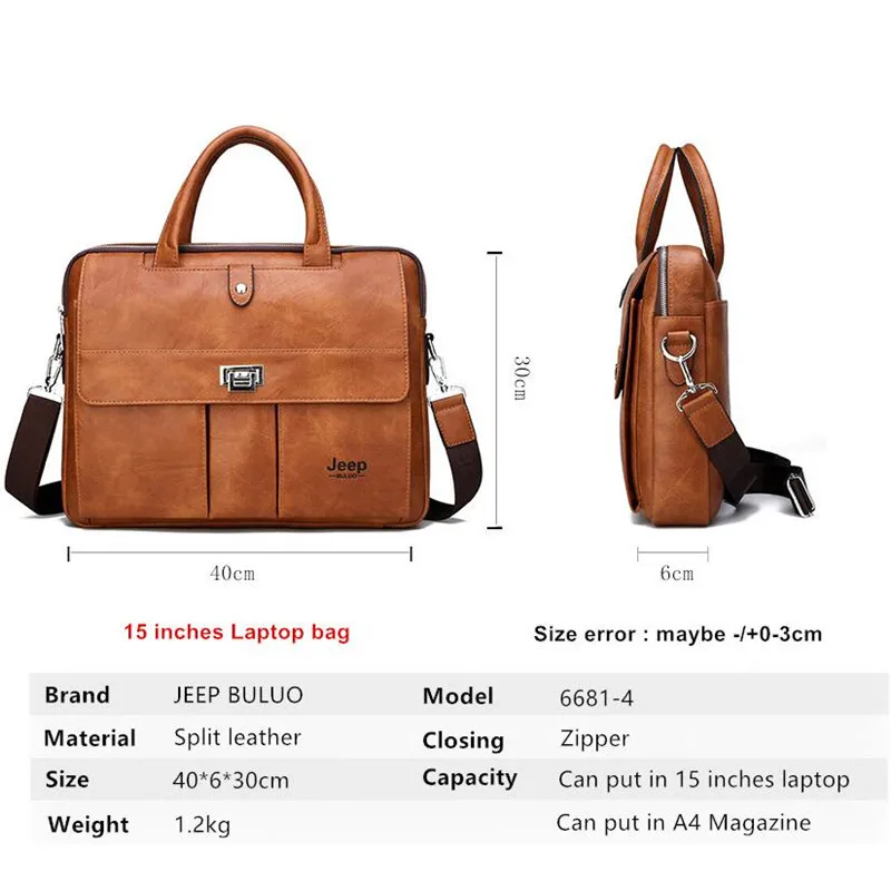 Jeep Buluo Men's Leather Briefcase 14 Inch Laptop Messenger Bag Business Handbag for Work view 2
