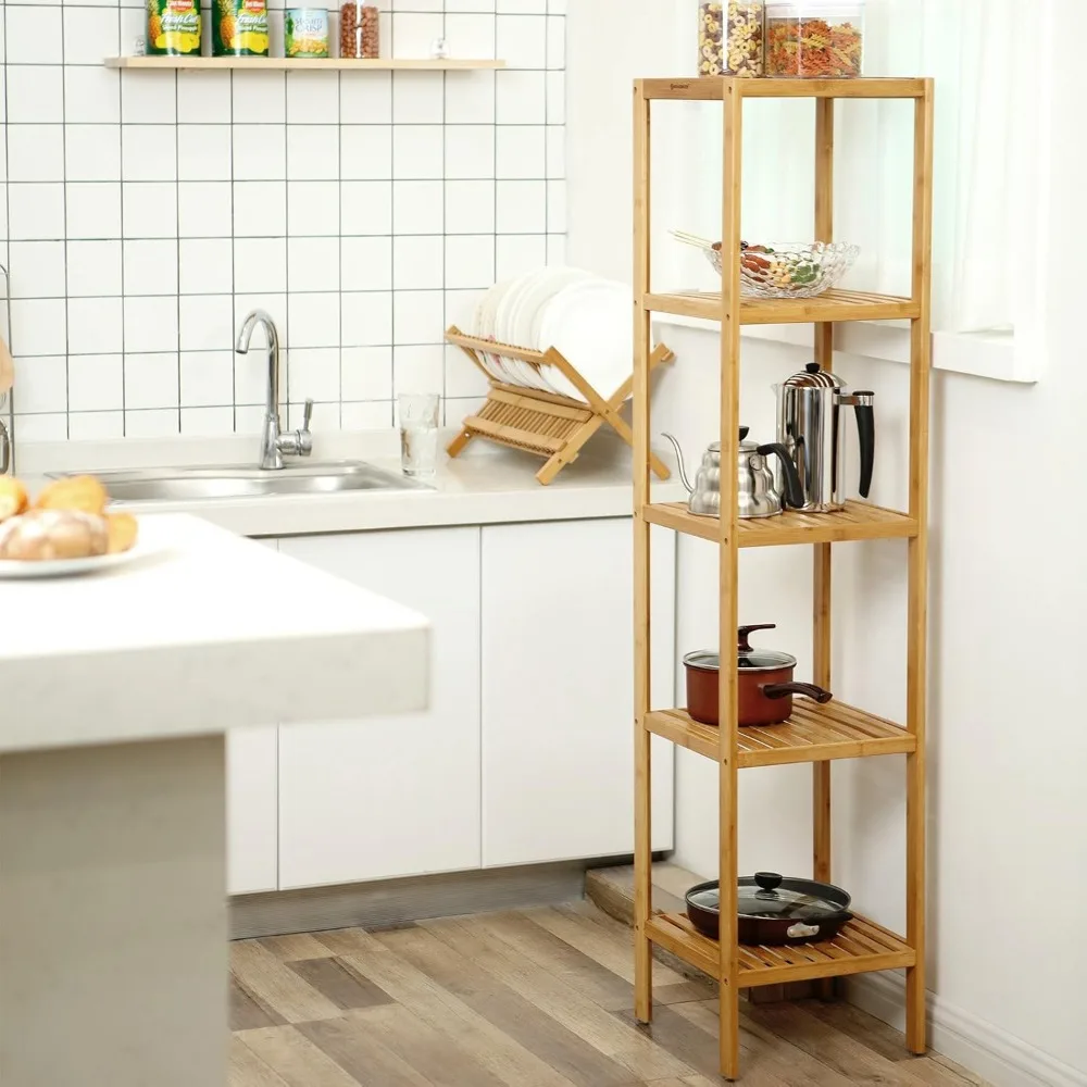 Estantería de baño de bambú de 5 niveles, estantería estrecha, estante de almacenamiento multifuncional, estante de esquina, para cocina, sala de estar, dormitorio