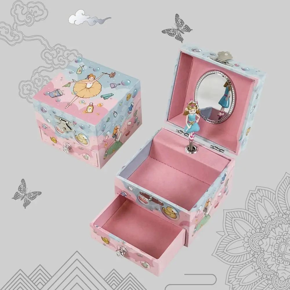 With Mirror Rotating Girl Music Box Save Space Sparkling Musical Jewelry Box Drawer Style Ballerina Music Box Valentine's Day