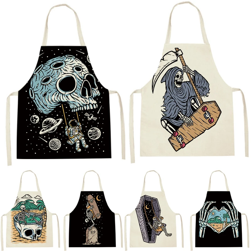 Halloween Skull Print Oil Resistant Kitchen Apron Wipe Makeup Print Nail Shop Baking Accessories BBQ Restaurant Bar Shop Cafe