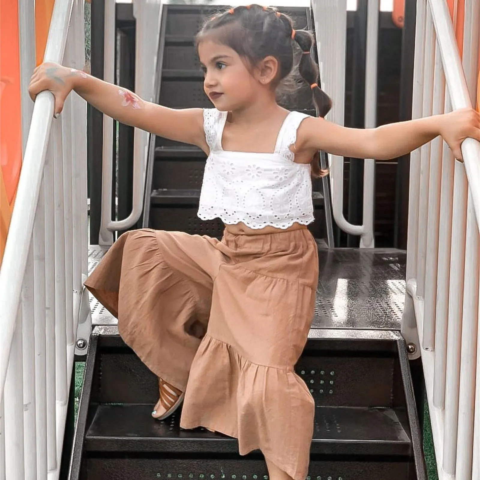 Suefunskry 1-5Y طفل رضيع طفلة مجموعة ملابس الصيف الدانتيل بلوزات بلا اكمام بنطال ذو قصة أرجل واسعة السفر عطلة الملابس وتتسابق #6