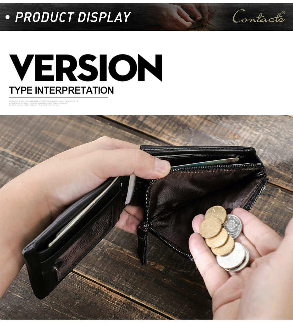 CONTACT'S Echtes Leder Männer Brieftasche Vintage Trifold Haspe Brieftasche Reißverschluss Geldbörse Kartenhalter Geld Clip männer Brieftaschen – Detail 20