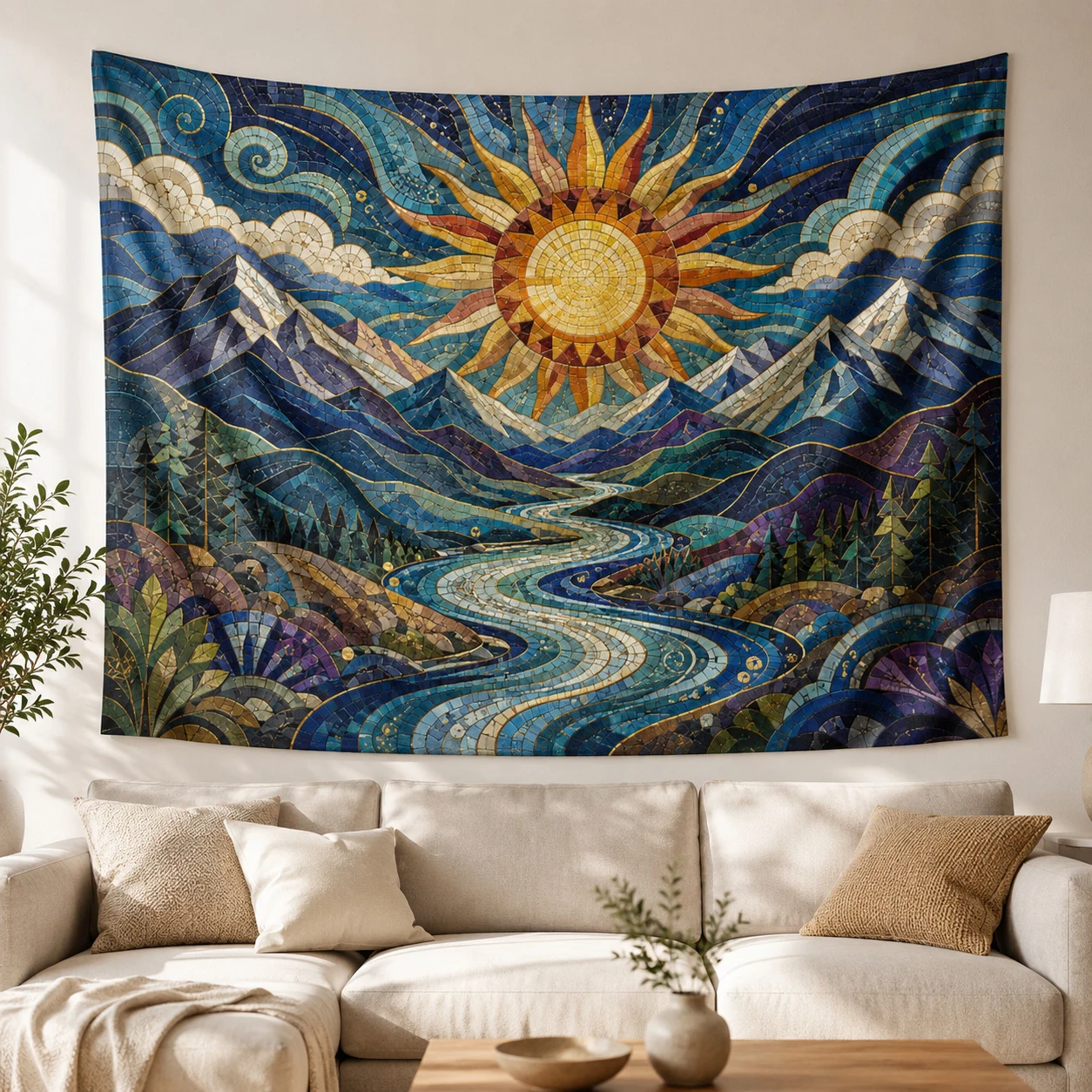 Sun Mountain River Tapestry, Colorful Boho Mosaic Landscape Wall Hanging for Bedroom Living Room Dorm