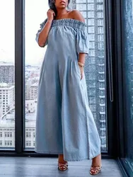 Freeacy Off-the-shoulder Short Sleeve Jumpsuit for Women Summer Loose Wide Leg Coverall Solid Color Casual One-piece Suit