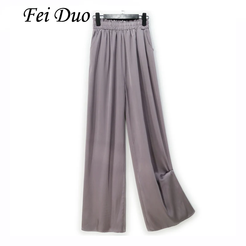 

2025 Women's Spring New 93% Natural Mulberry Silk Elastic Double Qiao Satin Purple Grey Flower Bud Waist Casual Wide Leg Pants