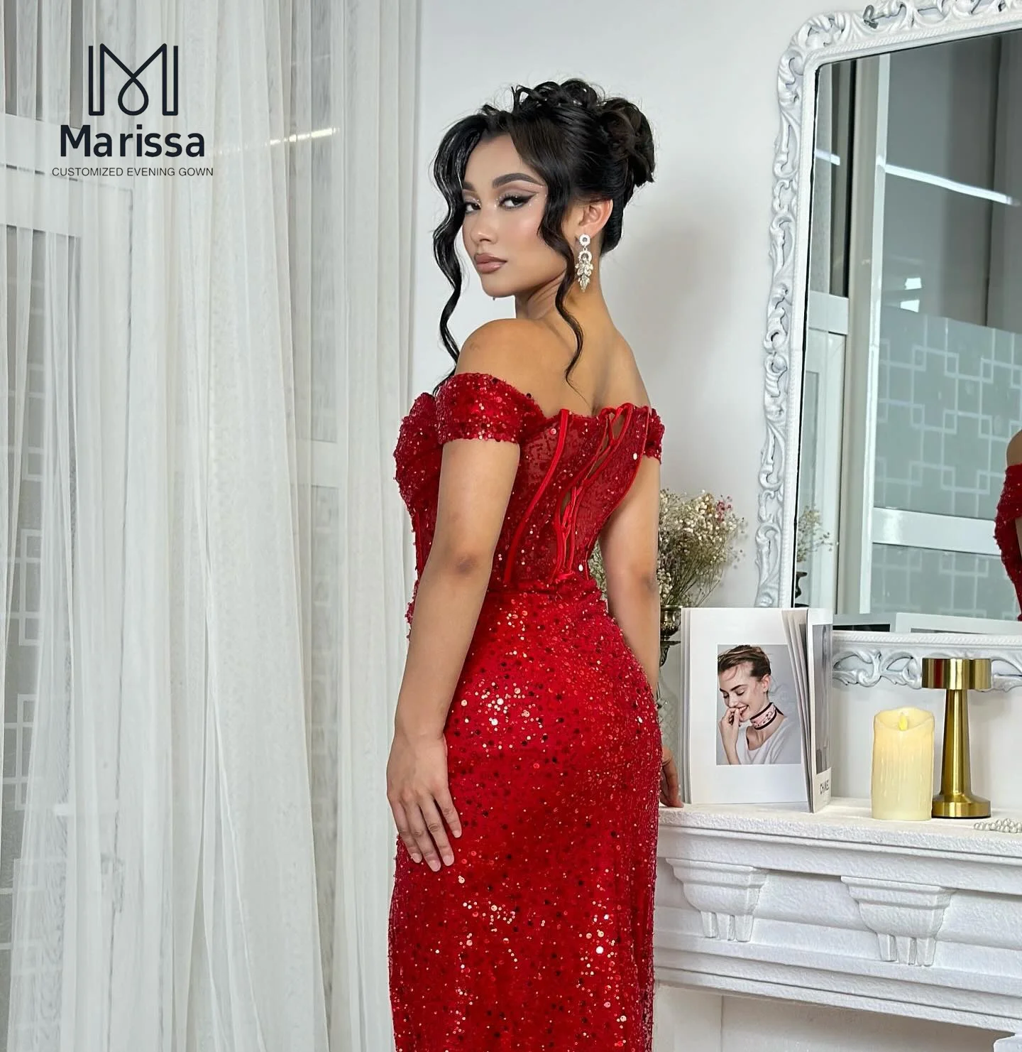 Marissa 스팽글 레드 우아한 이브닝 드레스 여성용 럭셔리 여성 우아한 파티 드레스 피쉬 테일 슬릿 맞춤 제작 오프 숄더