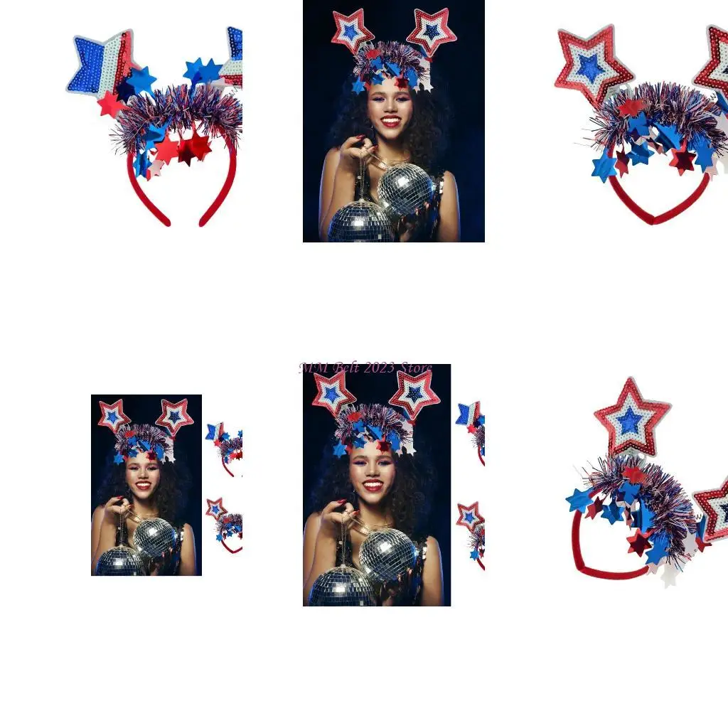 

49ME Patriotic Headband for Adult Kids Sequined Fivepointed Star Hairhoop Festival Props Garlands Hairhoop Cosplay Accessories