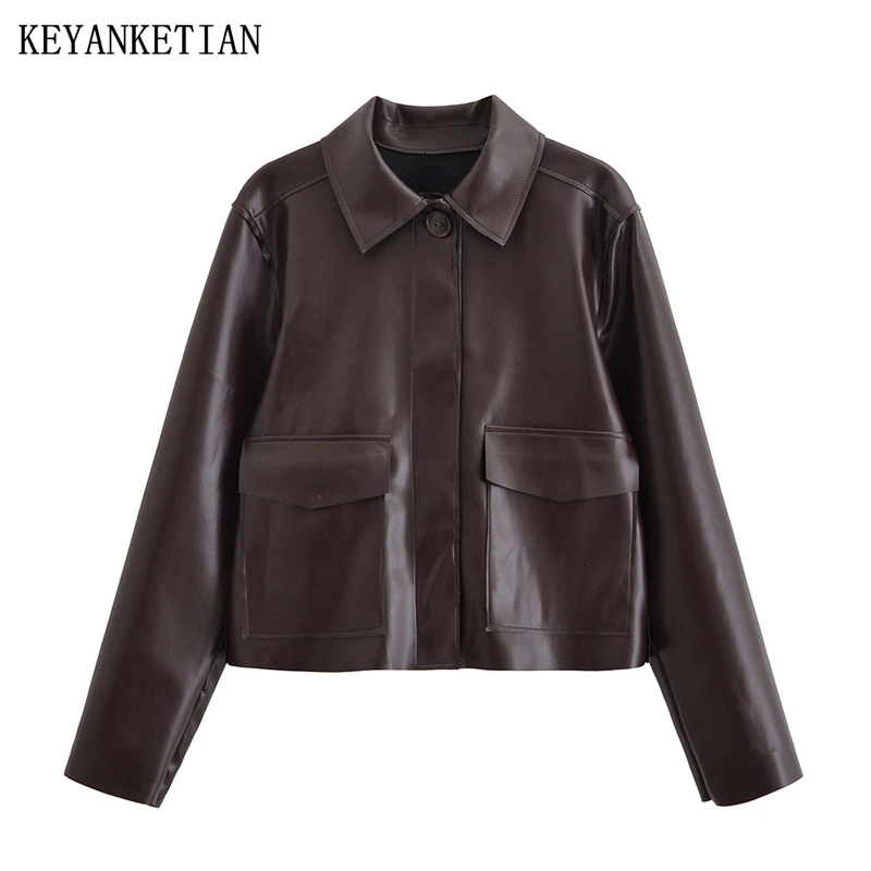 

KEYANKETIAN осенняя новая женская однобортная куртка из искусственной кожи с воротником в стиле ретро, женское короткое пальто