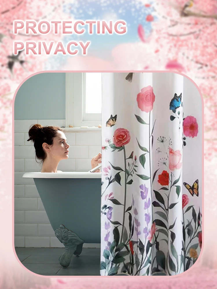 1pc fresh garden wind and flowers double layer with yarn cut large ring shower curtain, polyester waterproof fabric, toilet wate