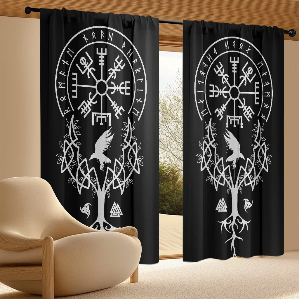 2pc Viking Vegvisir & Raven Tree Curtains,Sheer Light-Filtering, Suitable for Bedroom, Living Room, Office – Door Curtain Design