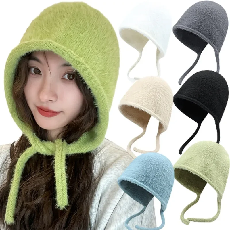 Y2K Maillard Millennium Style Cute Hat Autumn Winter Warm Beanies Plush Knitted Pile Caps Ear Protection Versatile Tie Pullover