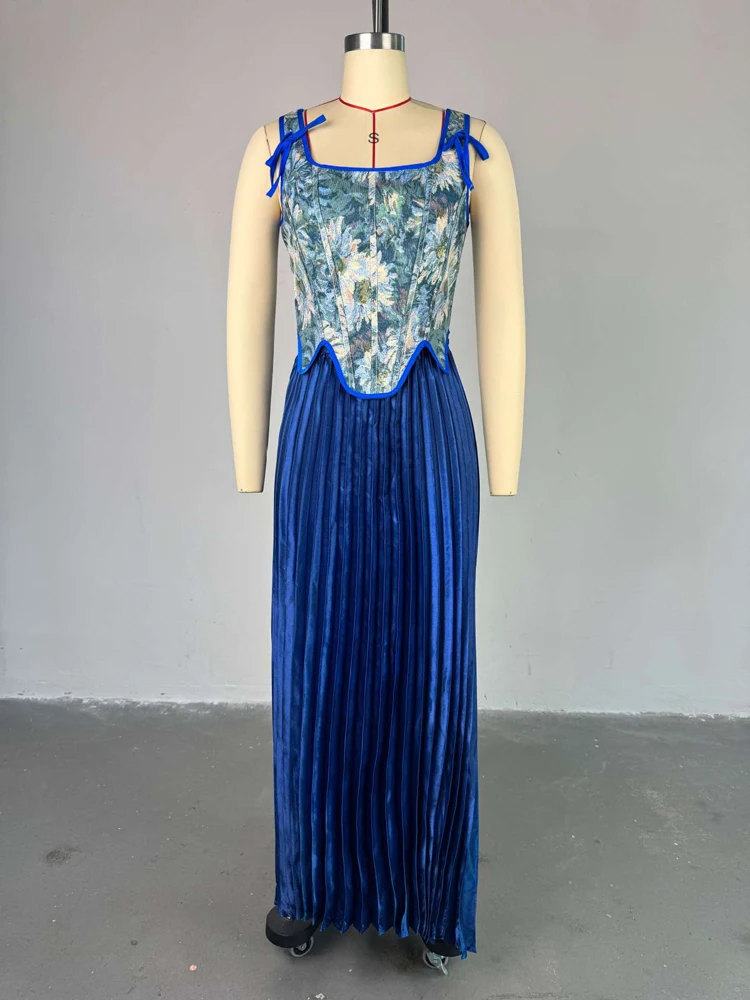 Damen-Kleider-Sets, Blumendruck, Korsett-Oberteil, hohe Taille, plissiert, lange Maxiröcke, Anzug, 2025, Party, Abend, 2-teiliges Set, Outfit – Detail 7