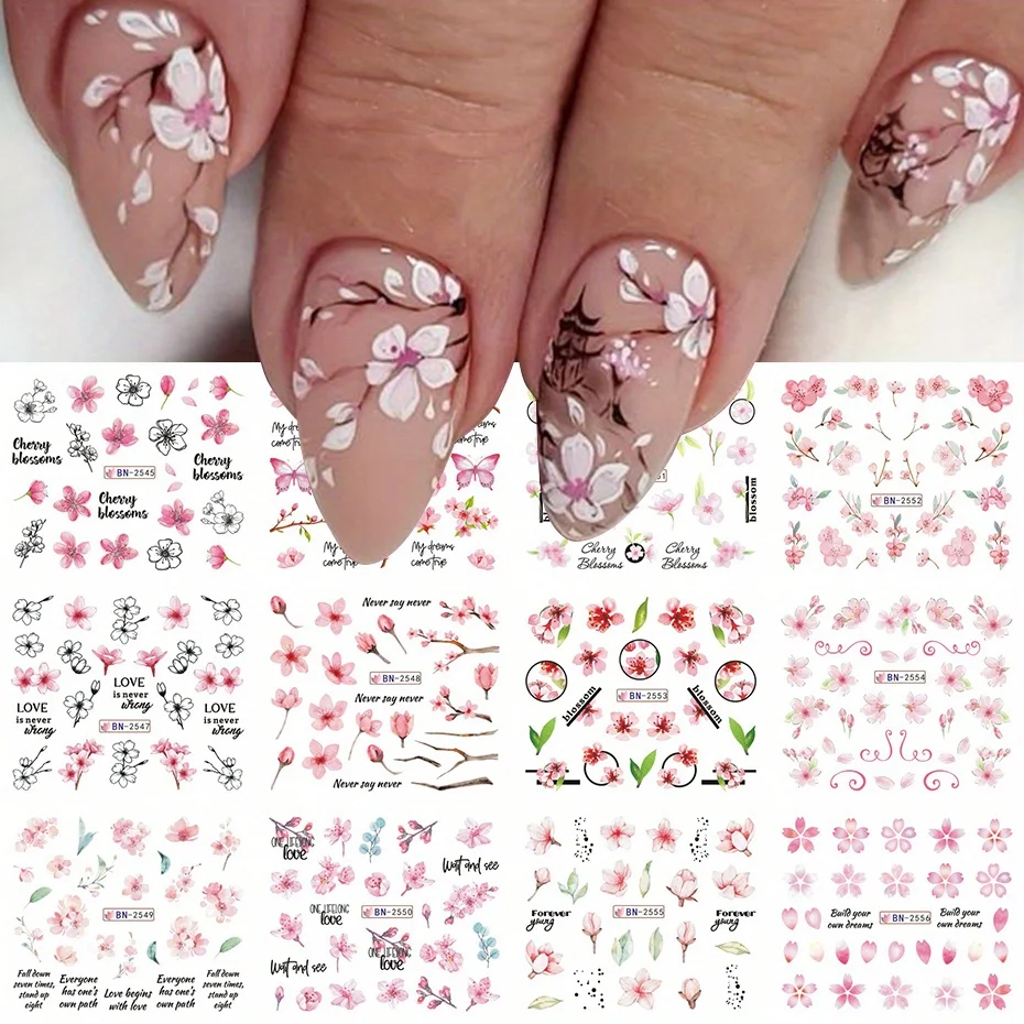 

12pcs Pink Cherry Blossom Water Nail Sliders Winter New Year Sakura Floral Leaves Stickers DIY Charm Accessories Manicure Decor