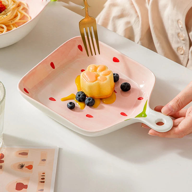 Cute Ceramics Baking Plates Underglaze Colored Breakfast Bread Plate with Handle Ins Household Oven Special Tablewares