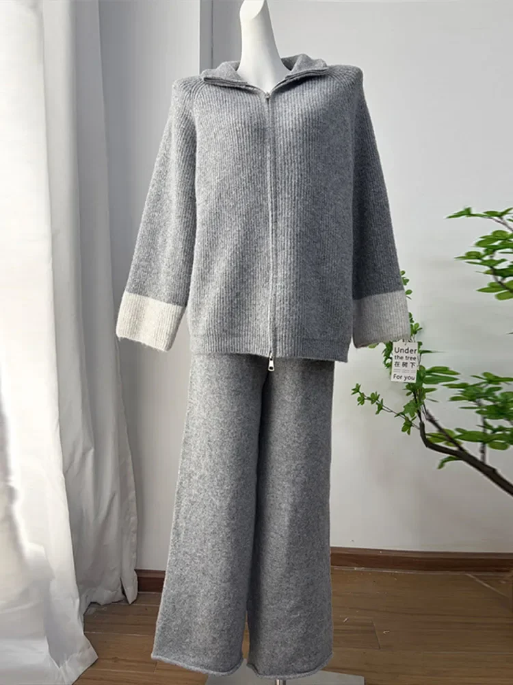 Zweiteiliges Damen-Strickset mit Cardigan und Hose, Reißverschluss-Oberteil mit Reverskragen, weit geschnittene Hose, gestricktes Set für den Alltag im Herbst – Detail 2