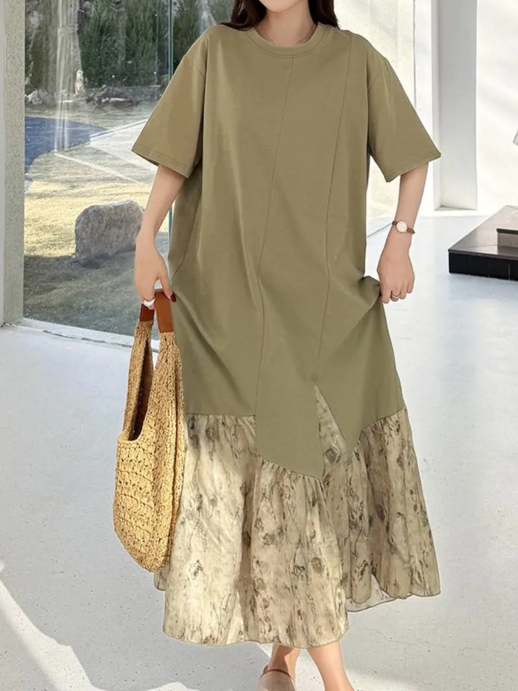 فستان نسائي صيفي جديد غير منتظم من كوريا فستان طويل من فيستدوس رداء Elbise فضفاض مقاس كبير بحاشية مرقعة لون أسود