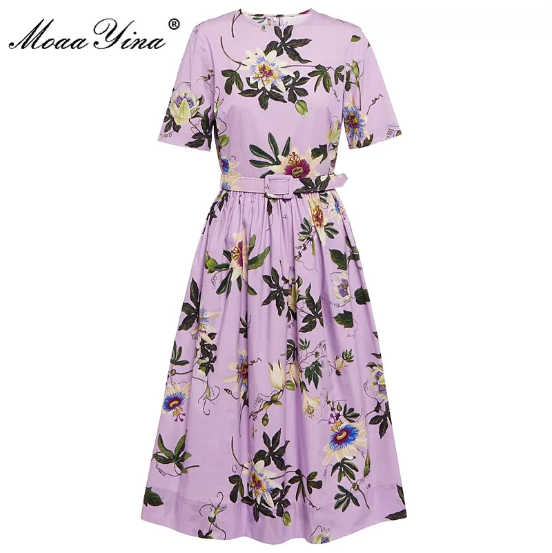 

MoaaYina Fashion Designer Dress Spring Summer Women's Poplin Dress Flower Printing Laceup Short Sleeve High Quality Dress