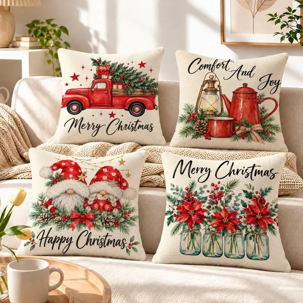 Holiday Farmhouse Watercolor Christmas Cushion Cover Soft Short‑Plush Pillowcase, Sofa Bedroom Home Decor, Holiday Gift