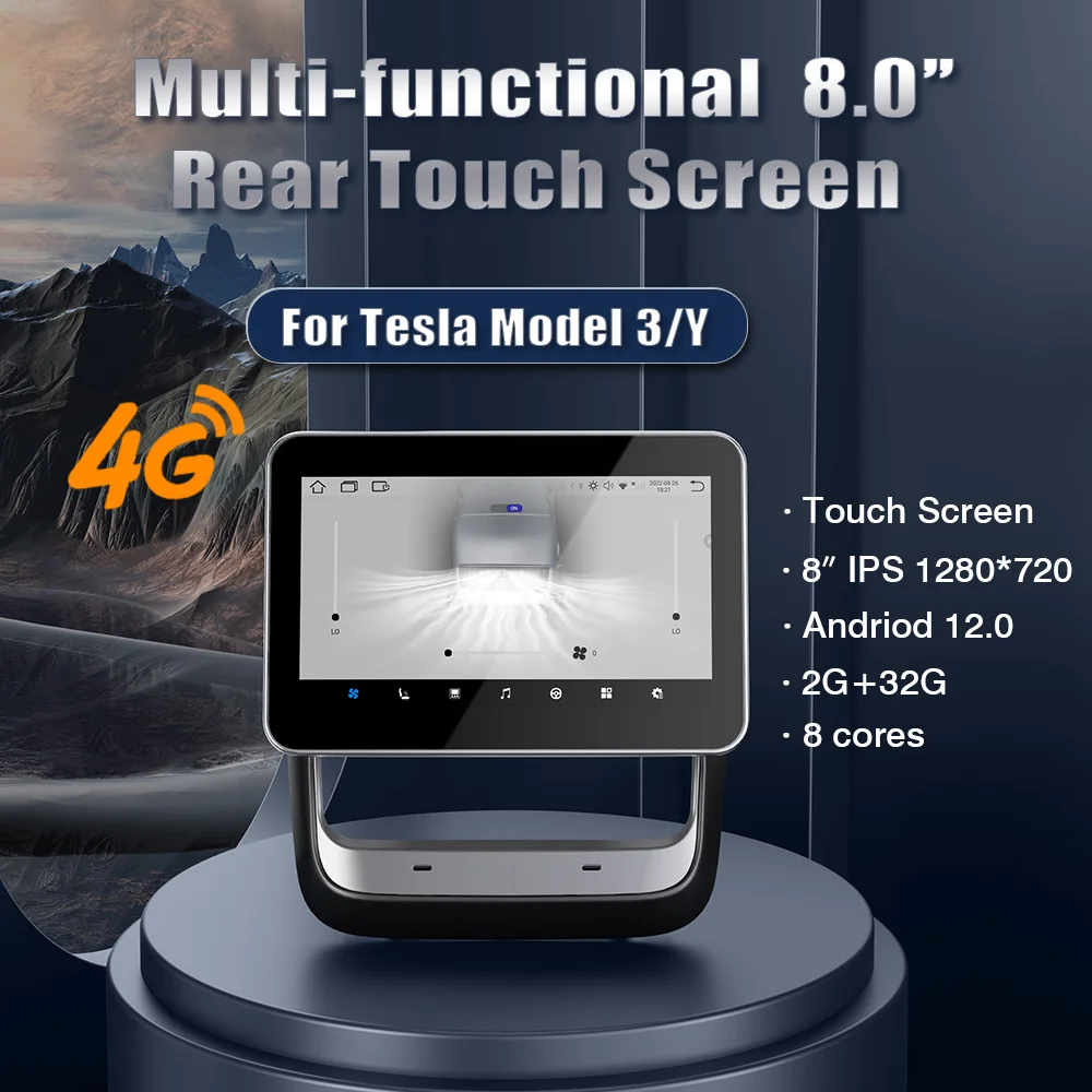 4G 8'' Rear Entertainment Panel For Tesla Model 3 Y AC Control Seat Heating Adjustment  Multimedia Player CarPlay Android Auto