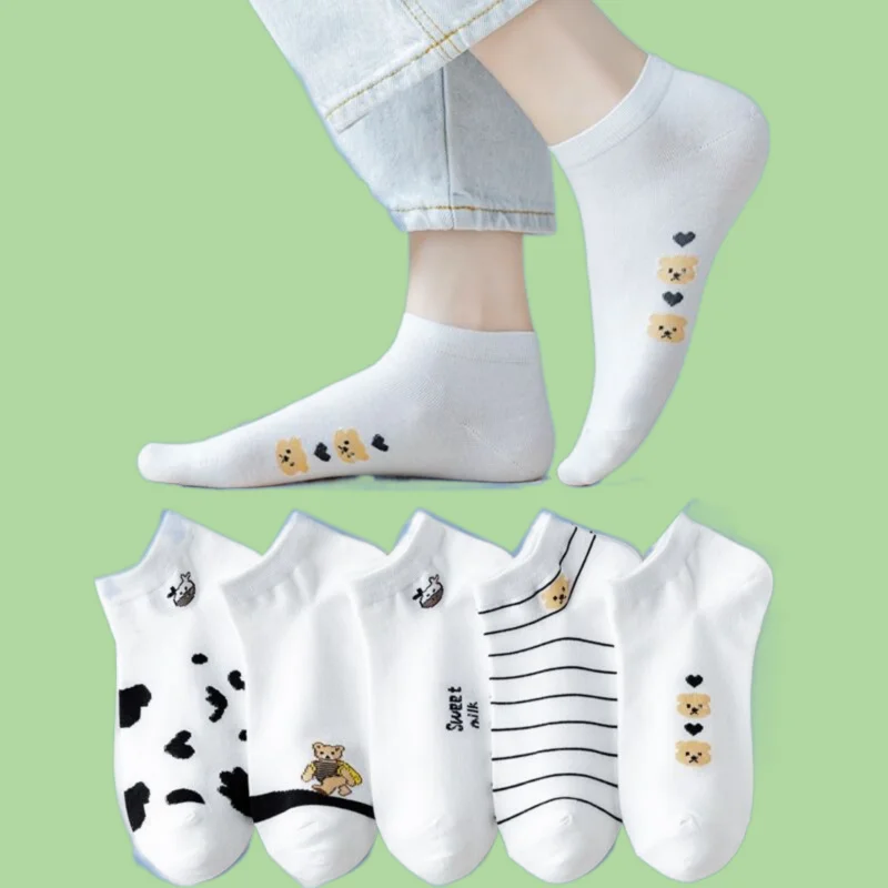 

5/10 Pairs High Quality Women's Summer Thin Socks Cartoon Cow Bear Socks Women's Summer Breathable White Short Boat Socks