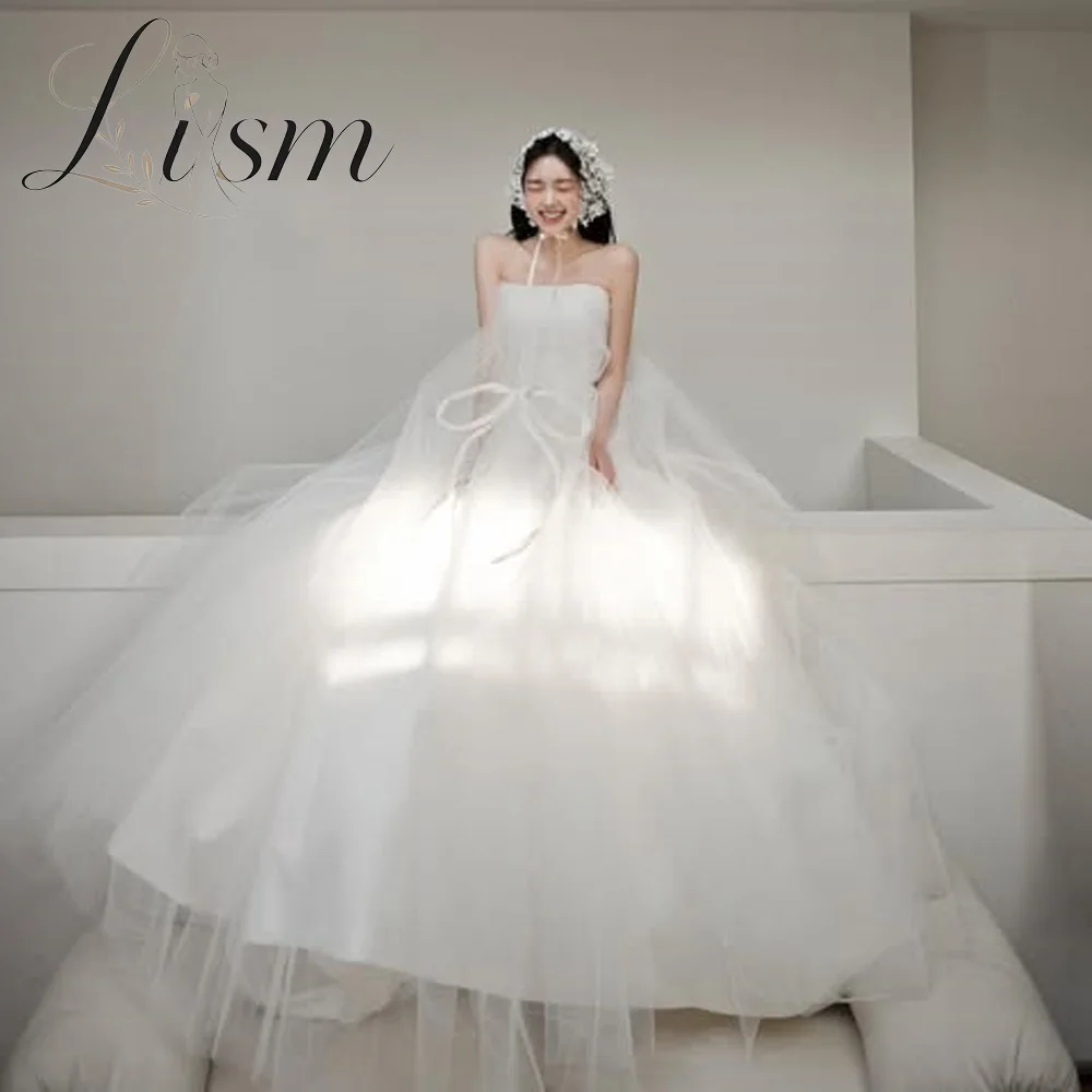 Lism Romantic Strapless Tulle Ball Gown Wedding Dress Simple Bow Detail Floor‑Length Soft Tulle Romantic Bridal Gown Customized