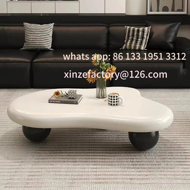 سطح كريمي حديث وبسيط قابل للتخصيص، طاولات قهوة سوداء مستديرة القدم، شقة صغيرة، طاولة غرفة معيشة غير منتظمة الشكل #2