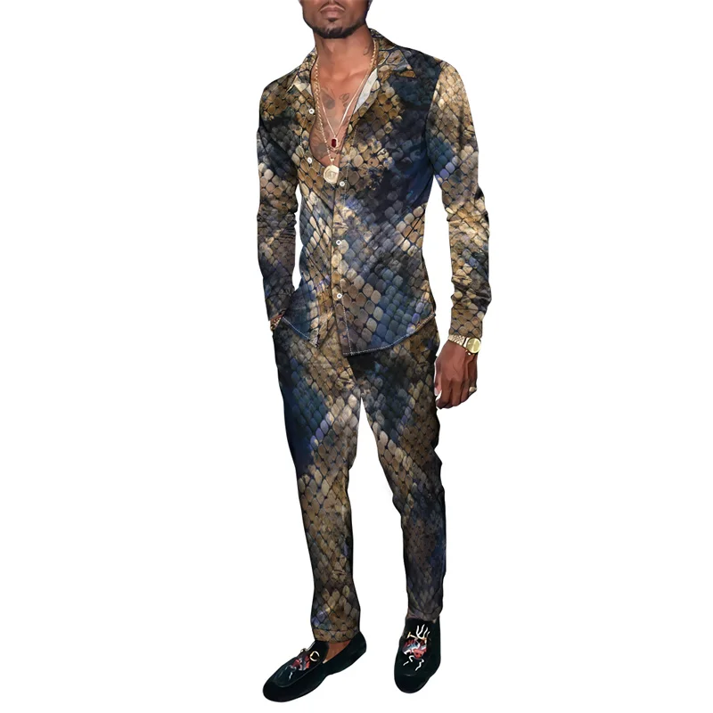 

Hawaiian Shirt Suit 3D Serpentine Print 2 PCS Set Striped Check Fashion Breathable Men Long Sleeve Shirt Pants Two Piece Suits